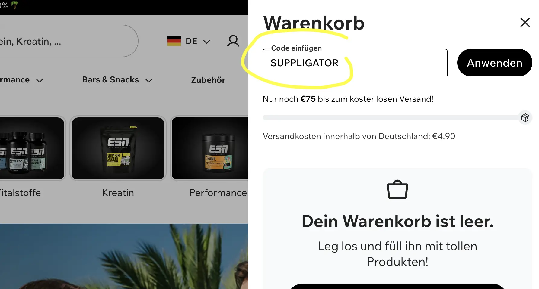 ESN Rabattcode SUPPLIGATOR im Warenkorb-Feld „Code einfügen“ eingeben und auf Anwenden klicken